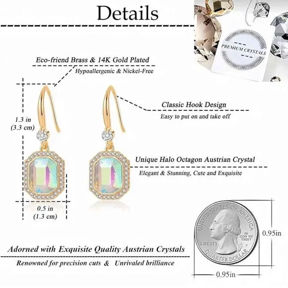 14K Yellow Gold with Iridescent AB Austrian Crystal Octagon Halo Hook Earrings